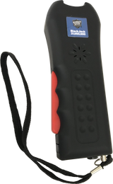 Streetwise Black Jack stun gun shown with an attached wrist lanyard, highlighting its compact body and safety‑retention strap.

