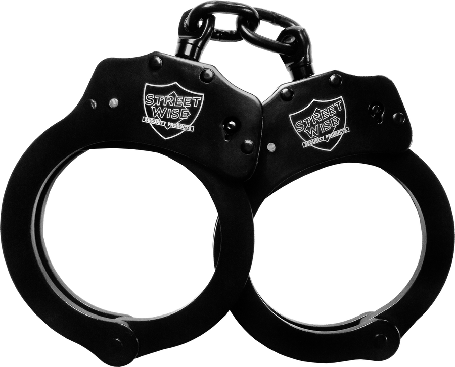 Streetwise black solid steel handcuffs with double-lock mechanism, two keys, and corrosion-resistant finish.