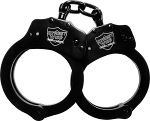 Streetwise black solid steel handcuffs with double-lock mechanism, two keys, and corrosion-resistant finish.