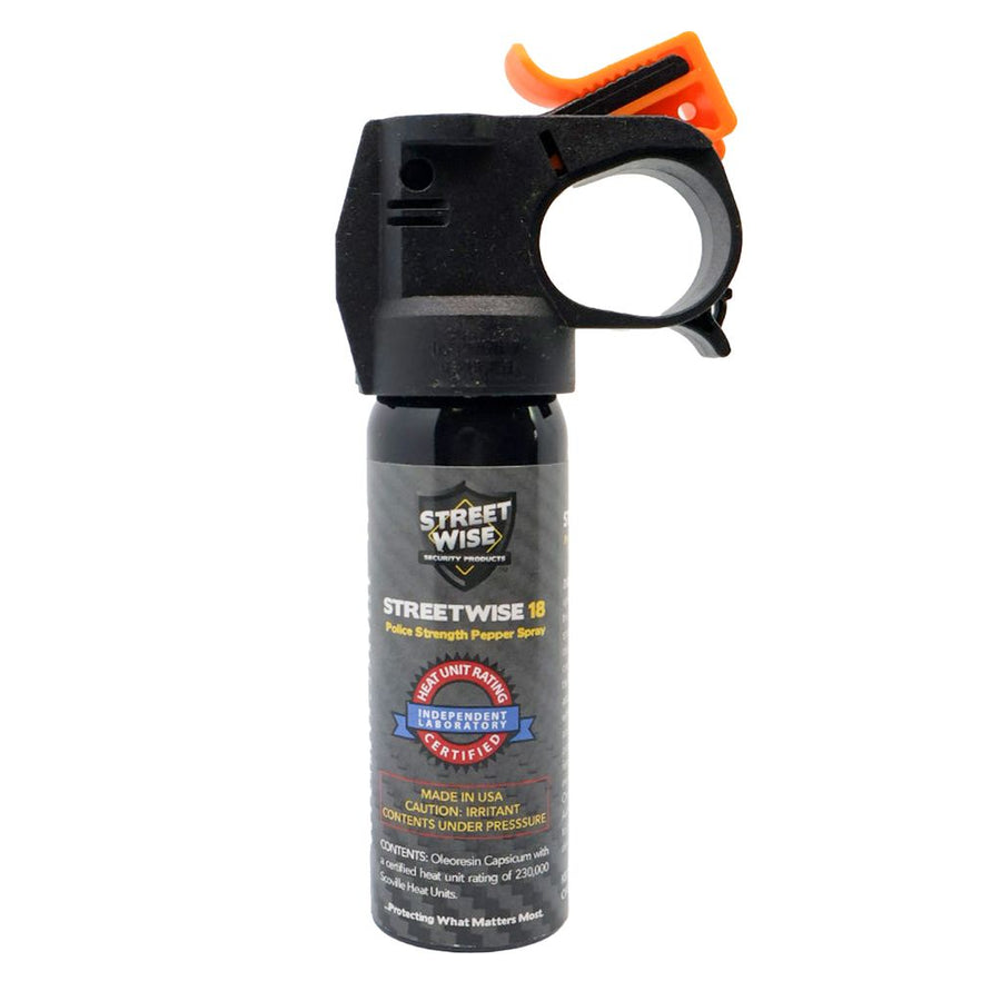 Streetwise 18 Fogger Pepper Spray Fire Master 3 ounce with wide fog spray pattern, police-strength OC formula, trigger activation, and UV marking dye for personal and property protection.