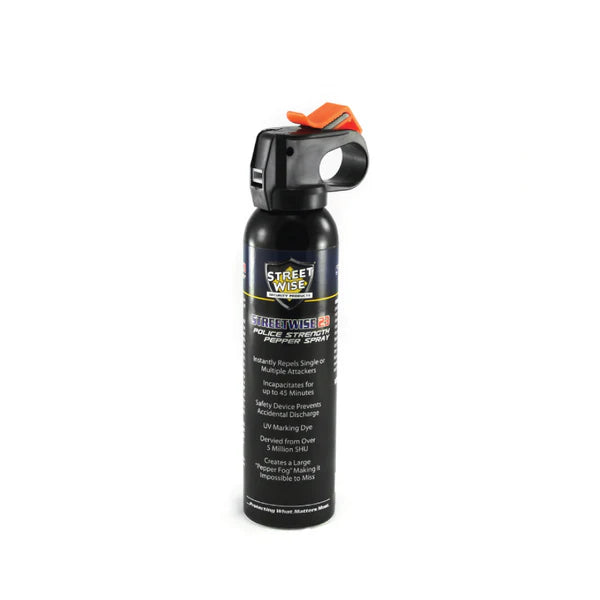 Streetwise 18 Fogger Pepper Spray Fire Master 9 ounce with wide fog spray pattern, police-strength OC formula, trigger activation, safety lock, and UV marking dye.