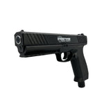 Side view of the Streetwise Heat Pepper Launcher California‑compliant model showing its compact body, trigger, and safety markings.