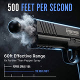 Image showing the California‑compliant Heat Pepper Launcher with its printed technical specifications, including velocity, capacity, and compliance markings.