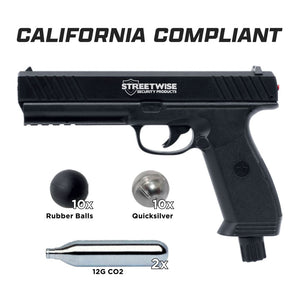 Streetwise HEAT California Compliant .50 caliber pepper launcher kit with rubber ball projectiles, Quicksilver rounds, and CO2 cartridges.