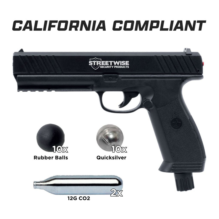 Streetwise HEAT California Compliant .50 caliber pepper launcher kit with rubber ball projectiles, Quicksilver rounds, and CO2 cartridges.
