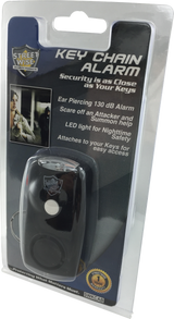 Streetwise keychain personal alarm displayed in retail blister packaging with branding and safety information.