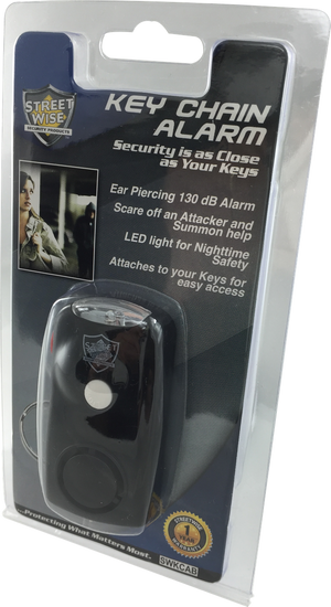 close‑up of the built‑in LED flashlight on the alarm inside the manufacturers packaging