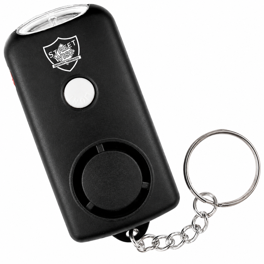 compact keychain alarm shown with activation button and LED light visible