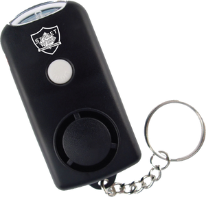 compact keychain alarm shown with activation button and LED light visible