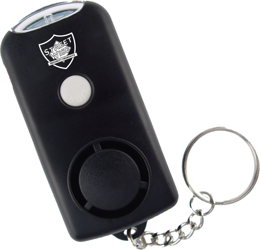 compact keychain alarm shown with activation button and LED light visible