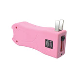 Pink Streetwise Lifeguard stun gun shown with its charging plug open and extended ready to be recharged.