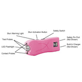 Pink Lifeguard stun gun shown with labeled feature indicators such as activation switch, safety pin, and LED light.