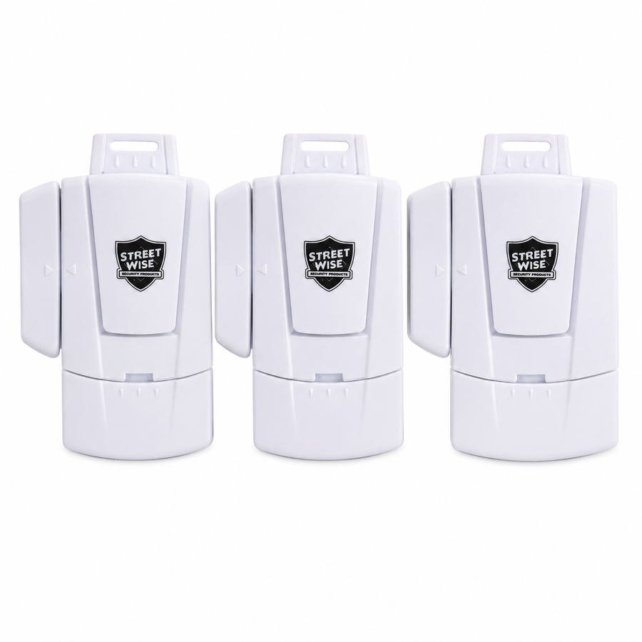 Mini Window Alarm 3-pack with magnetic sensor, deactivation key, and 105 dB home security alarm.