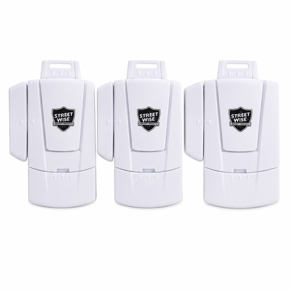 Mini Window Alarm 3-pack with magnetic sensor, deactivation key, and 105 dB home security alarm.