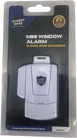 Retail packaging for the Streetwise Mini Window Alarm showing the device image, branding, and listed features on the front of the carded blister pack.
