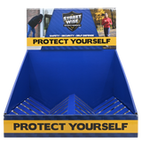 Streetwise pepper spray counter display box featuring printed graphics and slots too add sprays for point‑of‑sale placement.