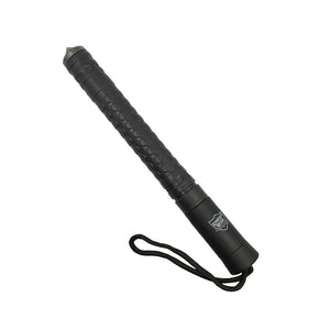 automatic expandable baton with push‑button extension, textured handle, wrist strap closed position