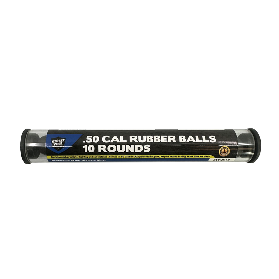 Streetwise .50 caliber rubber ball projectiles in a 10-round refill tube for the HEAT Pepper Launcher.
