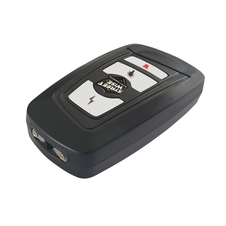 Grey Streetwise Security Razor stun gun shown with its slim rectangular body and forward contact points.