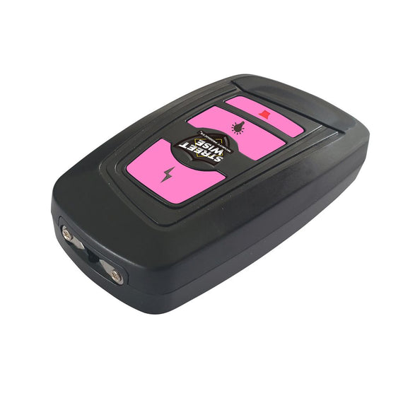 Streetwise Security Razor stun gun in pink shown with slim body design, built‑in flashlight, and textured grip.