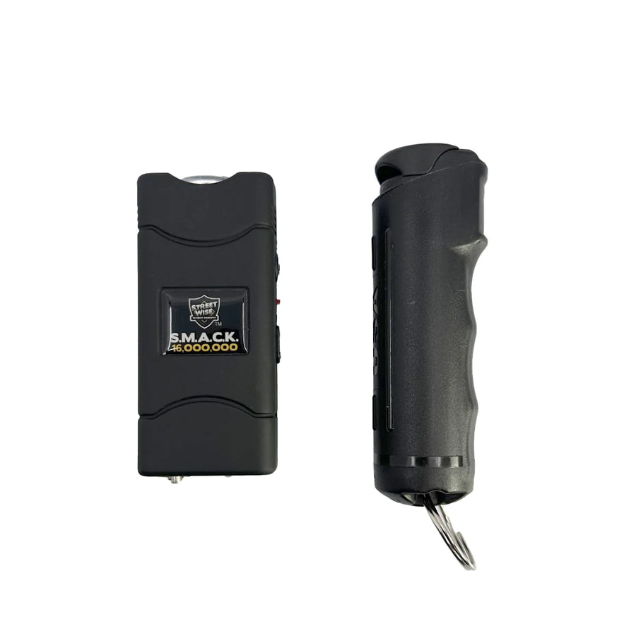 Streetwise self-defense keychain combo with SMACK keychain stun gun and sticky gel pepper spray for personal safety