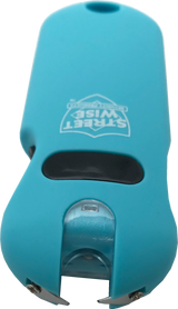 Close view of the Streetwise Smart Keychain teal stun gun showing the exposed electrode prongs at the front of the device.
