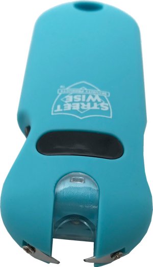 Close view of the Streetwise Smart Keychain teal stun gun showing the exposed electrode prongs at the front of the device.