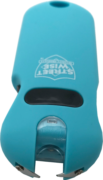 Streetwise SMART rechargeable keychain stun gun with touch sensing safety, LED flashlight, quick-release keychain, and rubberized grip for personal protection.