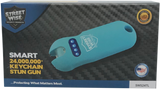 Retail packaging for the Streetwise Smart Keychain teal stun gun showing the device image, branding, and listed features on the front of the box.