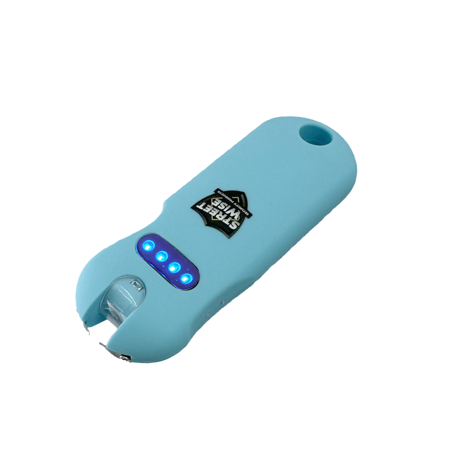 Streetwise SMART rechargeable keychain stun gun with touch sensing safety, LED flashlight, quick-release keychain, and rubberized grip for personal protection.