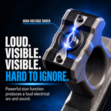 Streetwise Sting Ring Pro 36 million volt rated rechargeable stun gun showing ring grip, LED flashlight and electrical contact with high voltage protection built in.