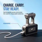 Streetwise Sting Ring Pro 36 million volt rated rechargeable stun gun showing ring grip, LED flashlight and electrical contacts and is rechargeable using USB cable.