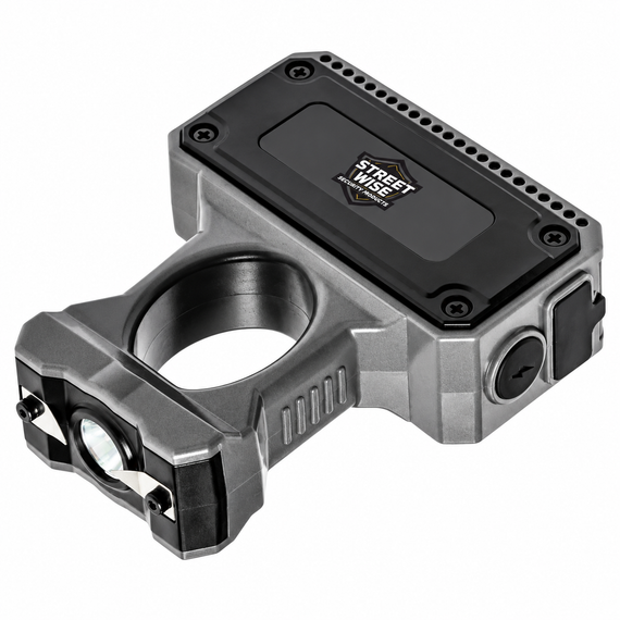Streetwise Sting Ring Pro 36 million volt rated rechargeable stun gun showing ring grip, LED flashlight and electrical contacts.