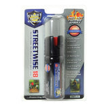 Front view of the manufacturer packaging featuring the 2‑oz Streetwise Stream pepper spray and key product highlights