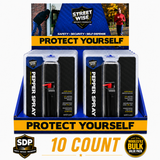 Streetwise black stream‑pattern pepper spray countertop display containing ten canisters arranged upright with branding on the front panel.