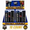 Streetwise black stream‑pattern pepper spray countertop display containing ten canisters arranged upright with branding on the front panel.