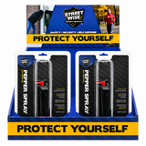 Ten‑pack Streetwise stream pepper spray shown in a countertop display box with each canister visible in its packaging.