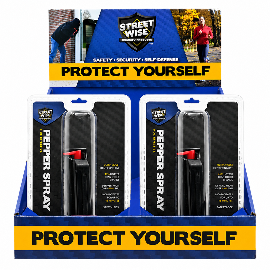 Ten‑pack Streetwise stream pepper spray shown in a countertop display box with each canister visible in its packaging.