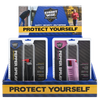 Ten‑pack Streetwise stream pepper spray shown in a countertop display box with each canister visible in its packaging mic colors of black and pink.
