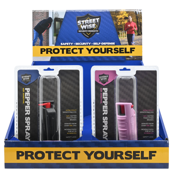Streetwise black stream‑pattern pepper spray countertop display containing ten canisters arranged upright with branding on the front panel.