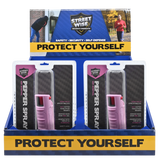 Ten‑pack Streetwise stream pepper spray shown in a countertop display box with each canister visible in its packaging with the color pink shown.