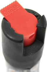 Pepper spray stream canister featuring a lever safety lock positioned on the top assembly for secure carry.