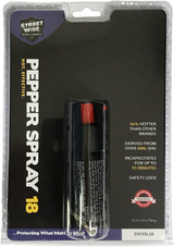 Retail packaging for the Streetwise stream pepper spray displaying the canister, safety‑lock mechanism, and printed product details.