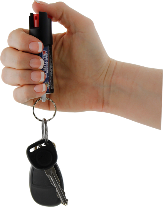 Streetwise 18% Stream Pepper Spray 0.5 oz with reinforced safety lock and keyring for everyday personal protection.