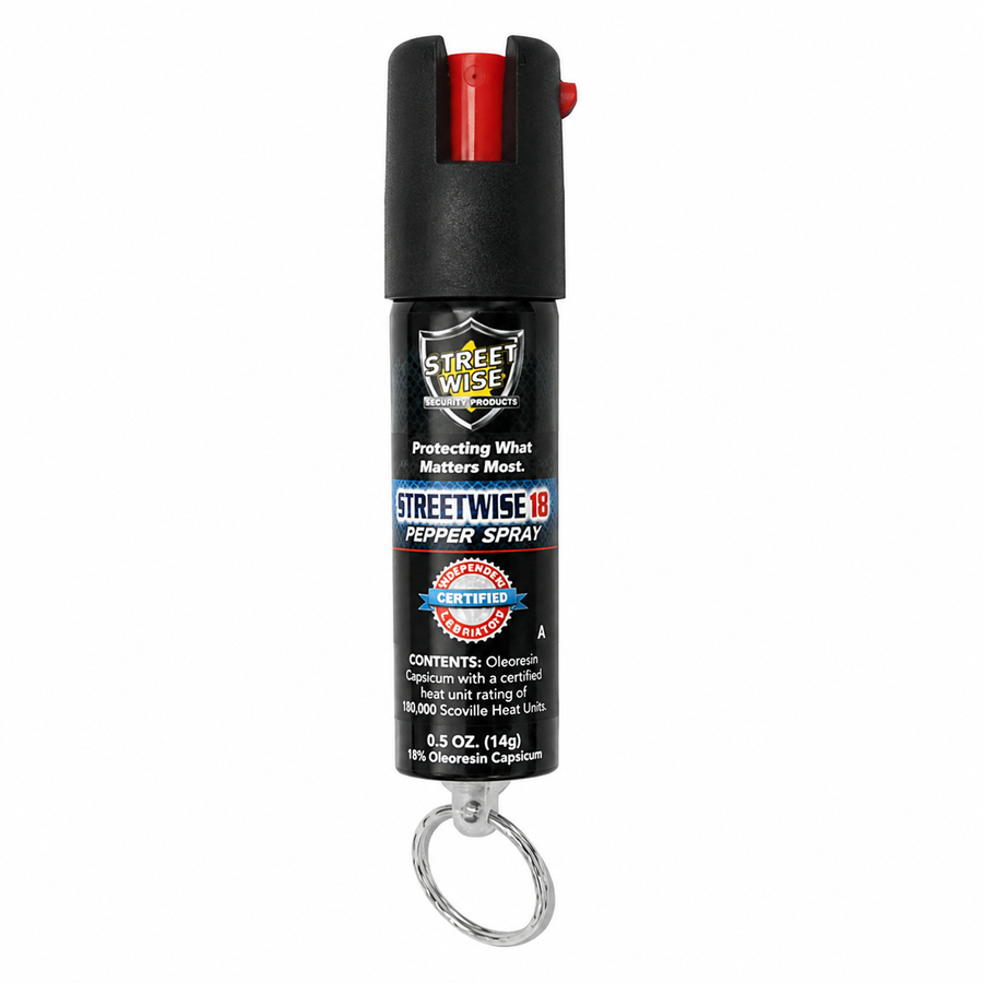 Streetwise 18% Stream Pepper Spray 0.5 oz with reinforced safety lock and keyring for everyday personal protection.