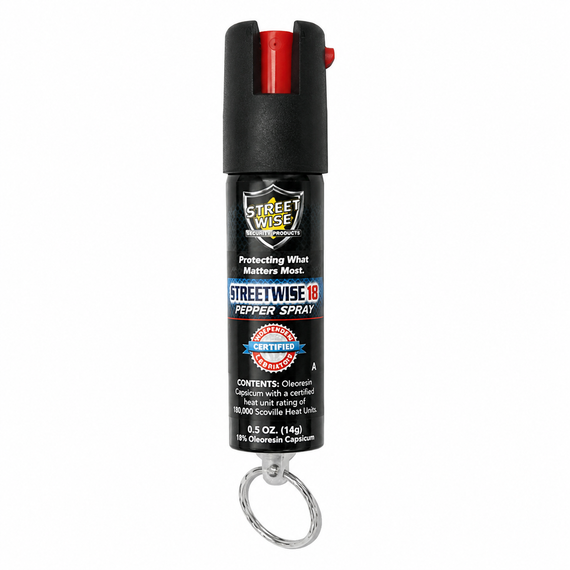 Streetwise 18% Stream Pepper Spray 0.5 oz with reinforced safety lock and keyring for everyday personal protection.