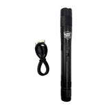 Contents of the Streetwise Streetlight black stun gun package displayed, including the device, holster, charging cable, and instruction manual.