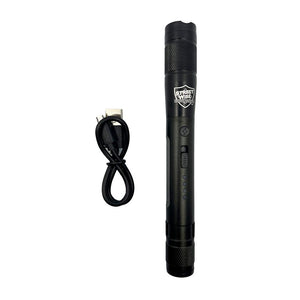 Contents of the Streetwise Streetlight black stun gun package displayed, including the device, holster, charging cable, and instruction manual.
