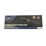 Retail packaging for the Streetwise Streetlight black stun gun showing the device image, branding, and listed features on the front of the box.
