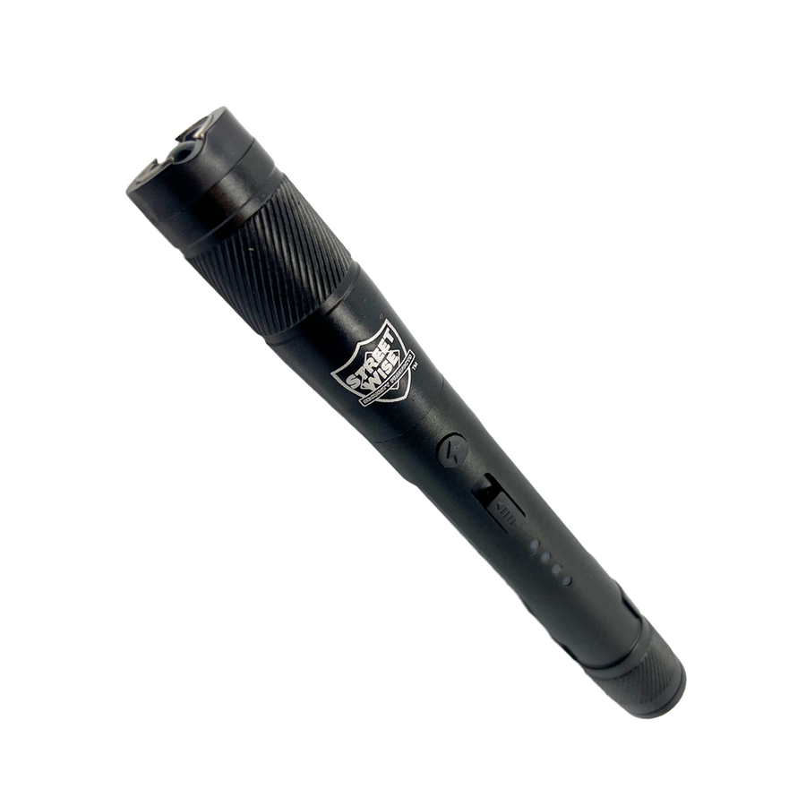 Streetwise Streetlight rechargeable stun gun flashlight with LED light, metal belt clip, and military-grade aluminum body for personal protection.